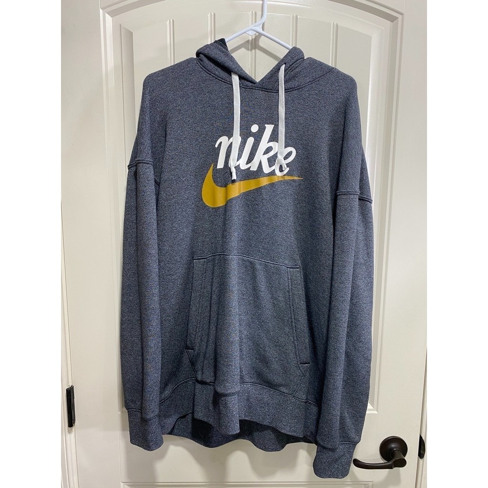 Nike Mens XL Heritage Loose Fit Hoodie Charcoal Grey Script Logo Pocket Drawcord